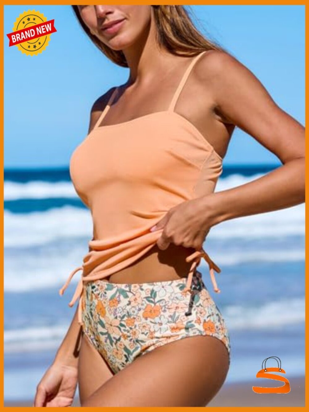 Tankini Set Two Piece Swimsuit Ruched Drawstring High Waisted Bottom Rib - Picture 3 of 7
